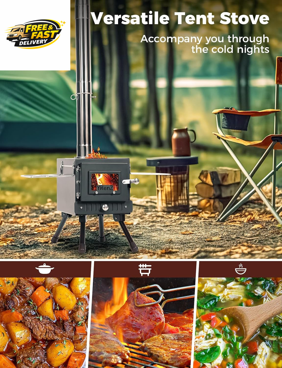 Upgraded Hot Tent Stove – High-Temperature Wood Burning with 7-Section Roll-Edge