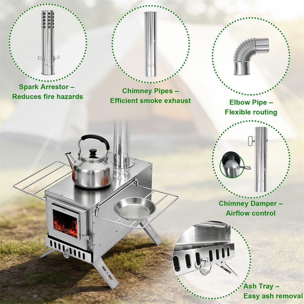 Portable Wood Burning Stove w Pipes Hot Tent Stove for Outdoor Camping & Heating