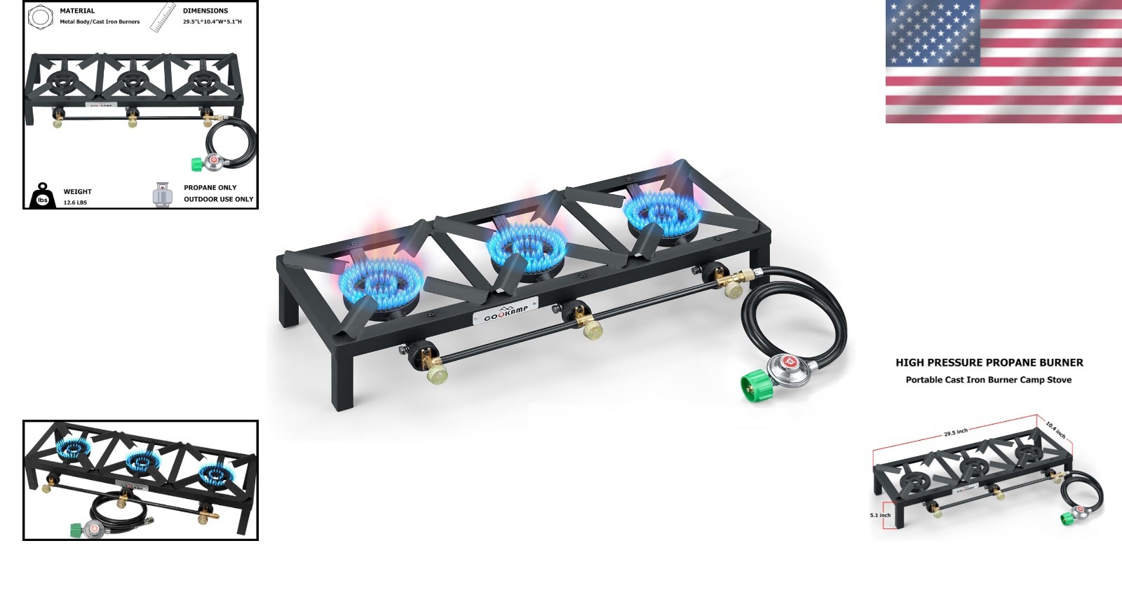 Portable Triple Burner Propane Camp Stove with Regulator & 4ft Hose, 10,000 BTU