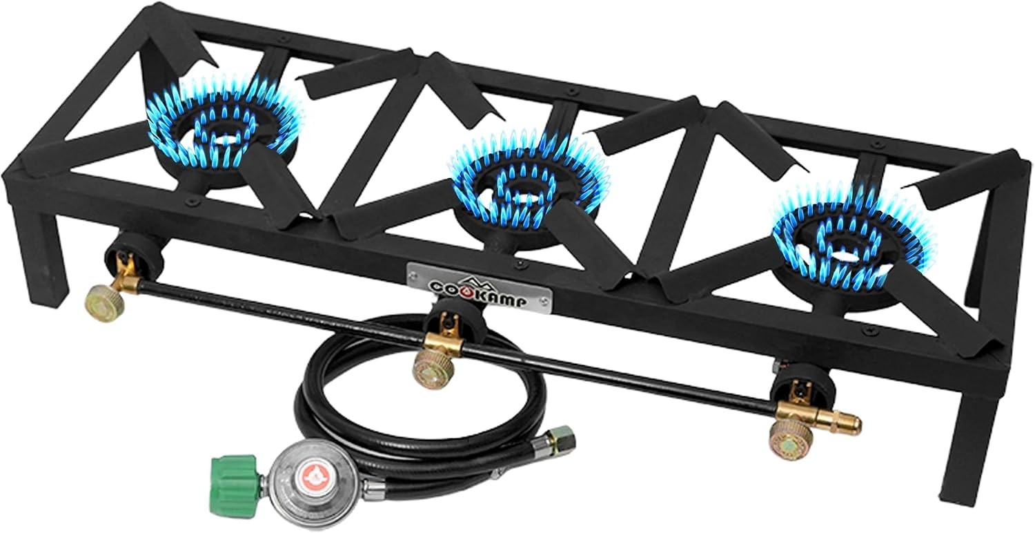 Portable Triple Burner Propane Camp Stove with Regulator & 4ft Hose, 10,000 BTU