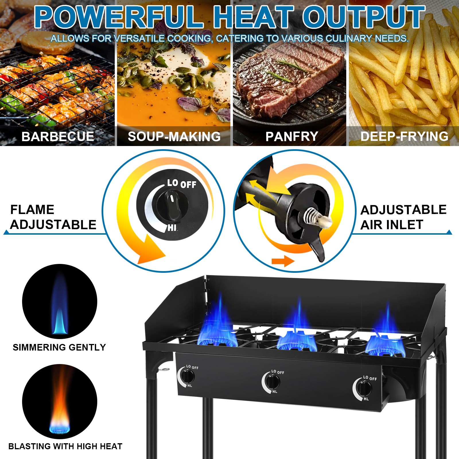 Portable Propane 225,000-BTU 3 Burner Gas Cooker Outdoor Camping Stove Grill
