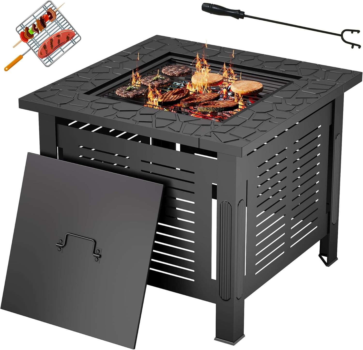 Metal Fire Pit Table, Wood Burning Patio BBQ Grill Firepits w/ Waterproof Cover