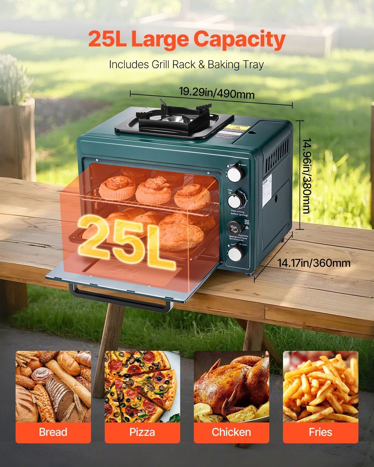 Gas Powered 2-in-1 Portable Oven 19.29×14.17×14.96in High Heat Output Camping