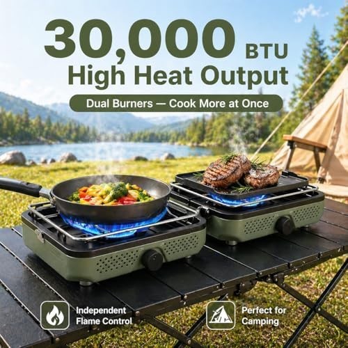 Hisencn 2 Burner Propane Camping Stove with Windscreen Carry Bag