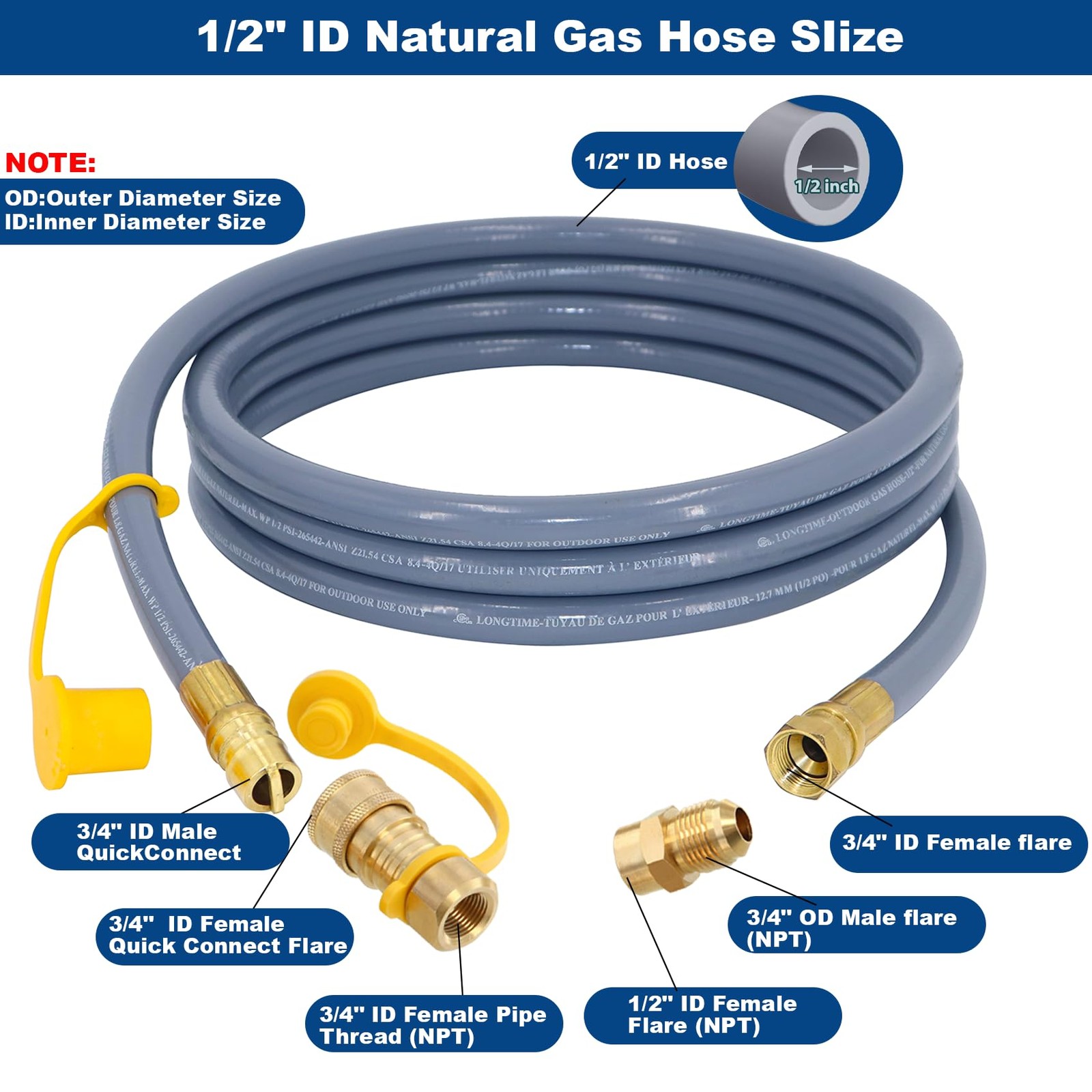12 Feet 1/2 Inch ID Natural Gas Hose with Quick Disconnect for 12FT, Gray