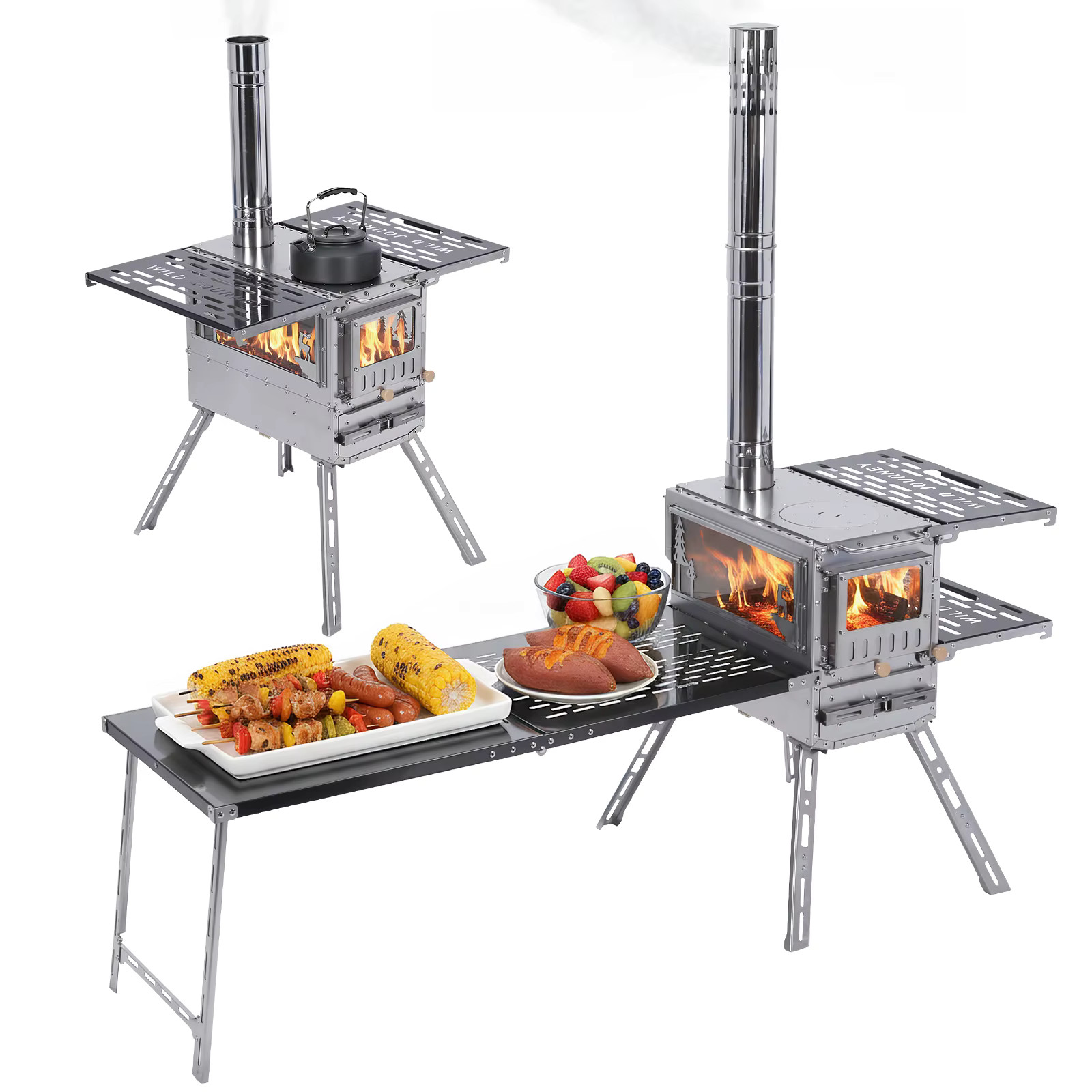 Camping Stove with Oven & Camping Table with Chimney Pipe Multi-Fuel Camp Stove