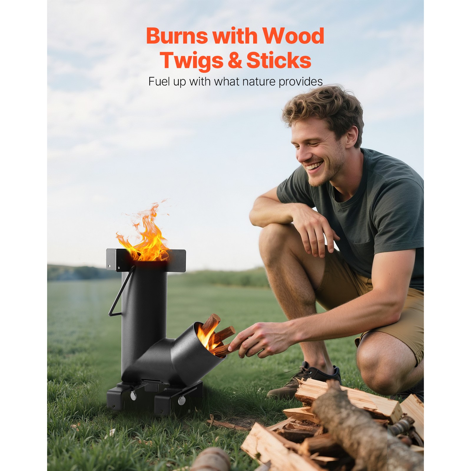 Uimoso Portable Camping Rocket Stove, Wood-Fueled, Carbon Steel, Black