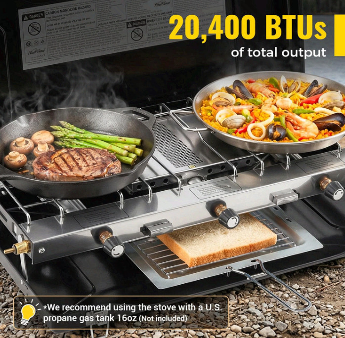 Portable 3-Burner Propane Camping Stove w/ Ignition, 20400 BTU