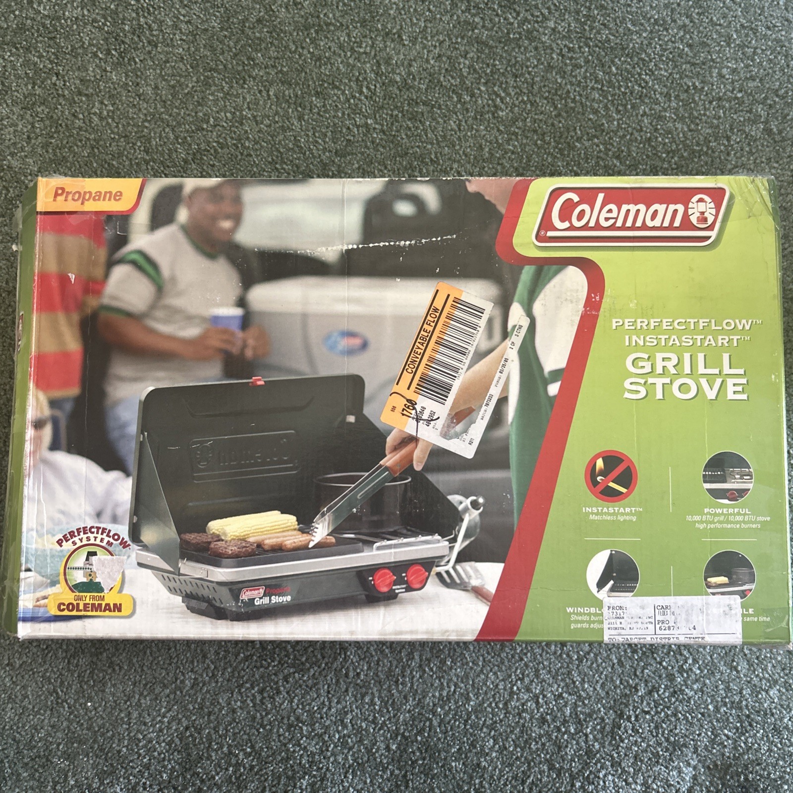 Coleman Perfectflow Camp Grill Propane 180 Sq Cooking Surface Windlock 10000 BTU