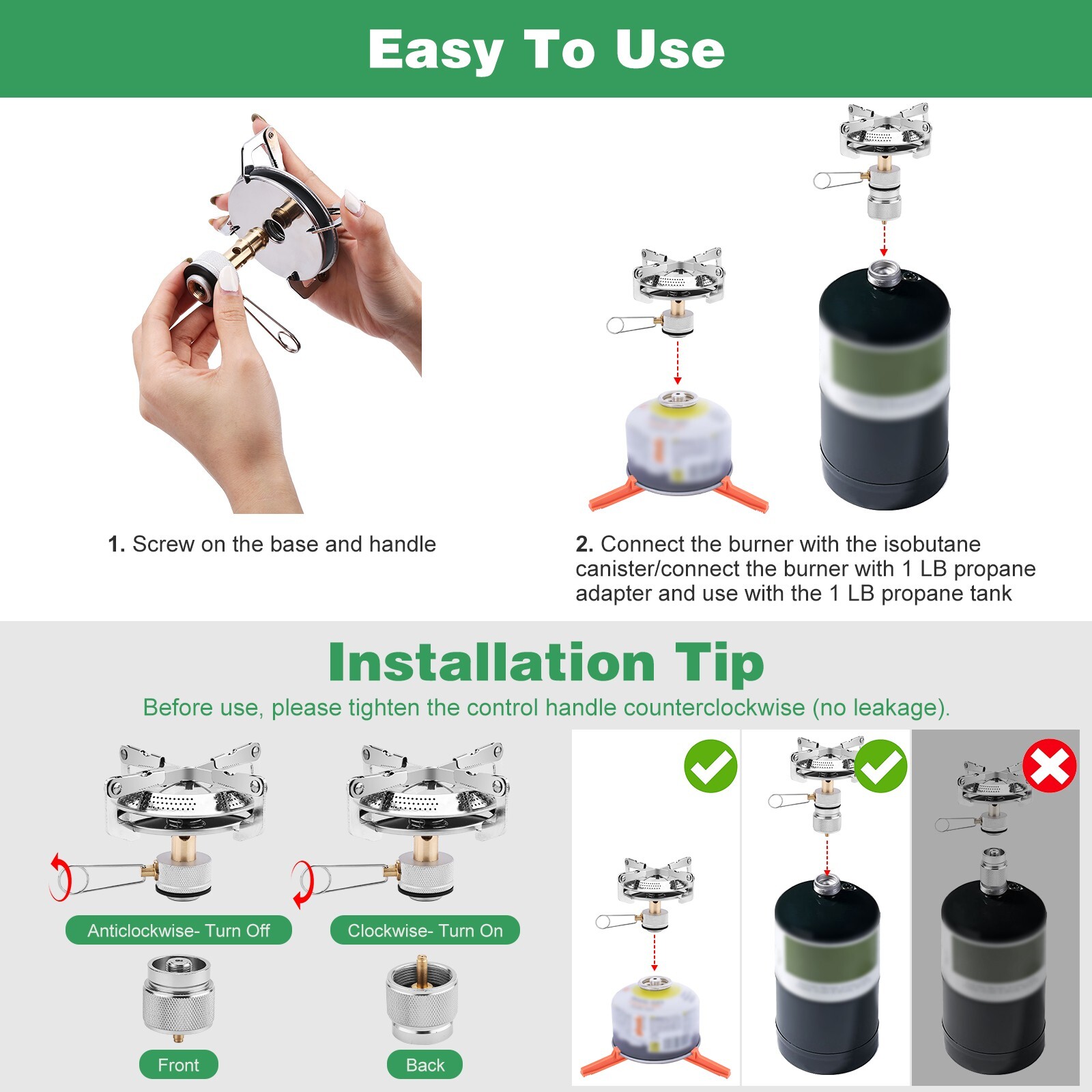 Portable Camping Stove Burner, Backpacking Stove with 1LB Propane Tank Adapter