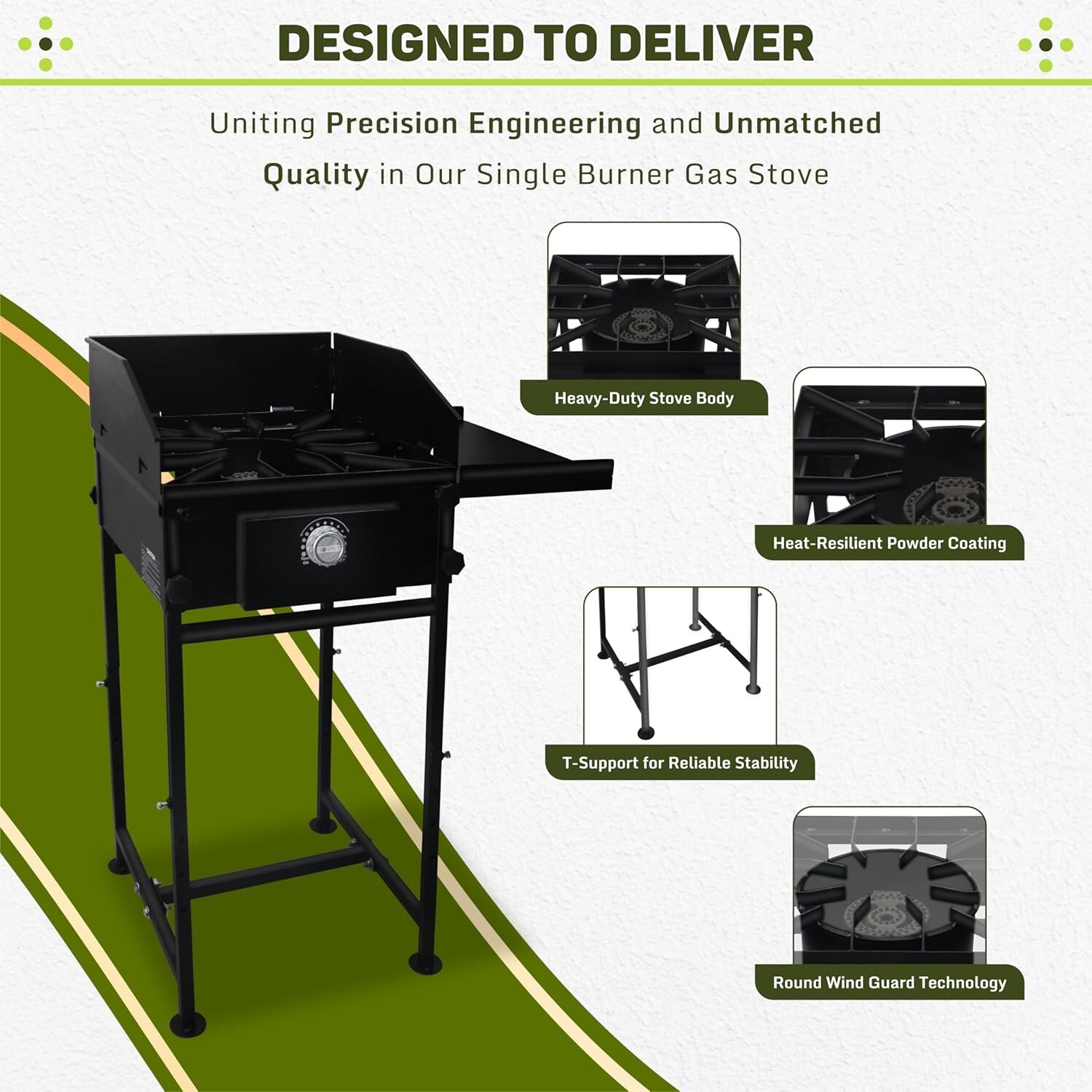 Single Burner Propane Stove – 1,30,000 BTU – with Side Shelf & Wind Panel
