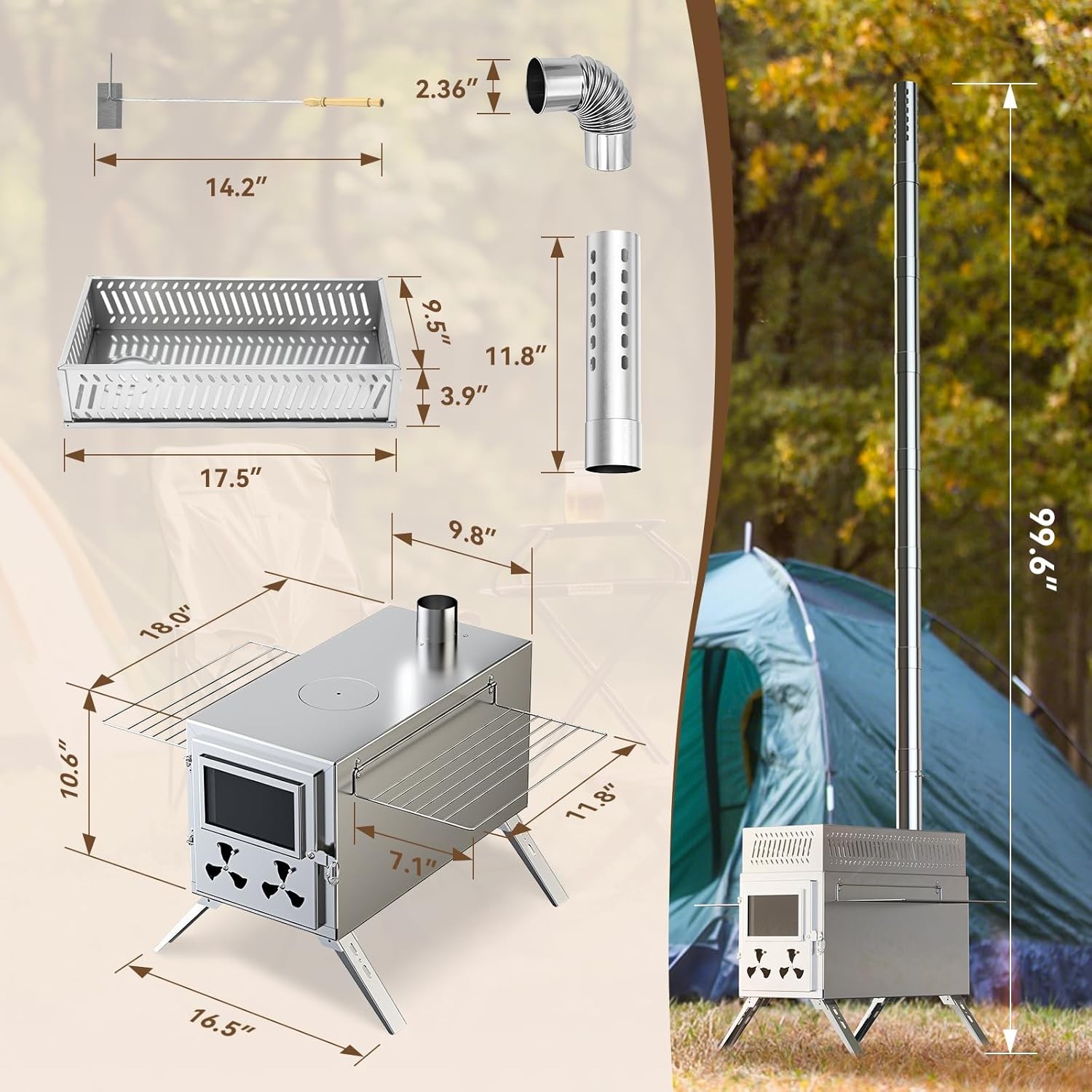 MOPHOTO 2in1 Sauna Hot Tent Stove Burning Stove With Stone Box 8 Chimney Pipes