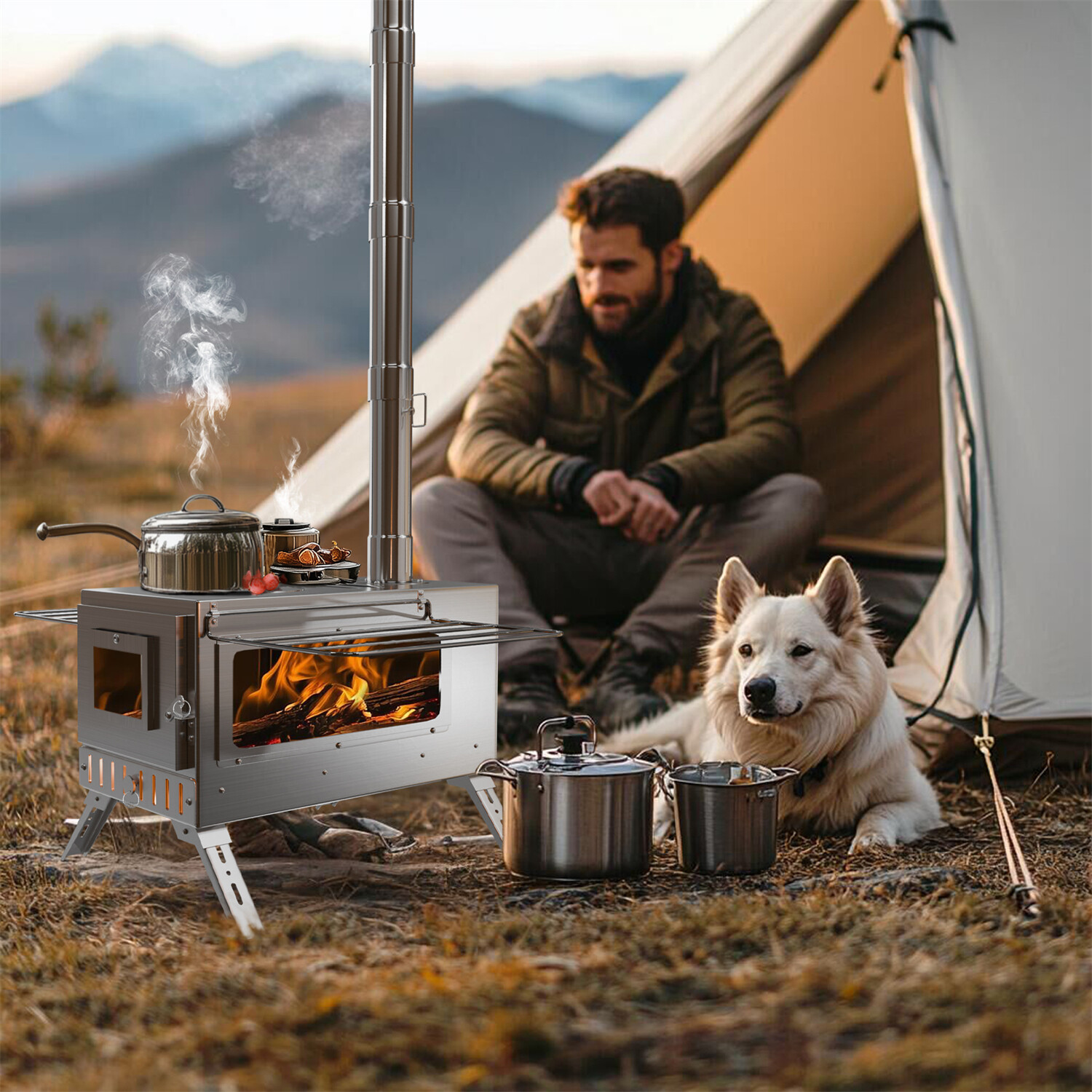 Fire Resistant Hot Tent Stove w/ 7 Chimney Pipe, Stakes and Carry Bag Wood Stove
