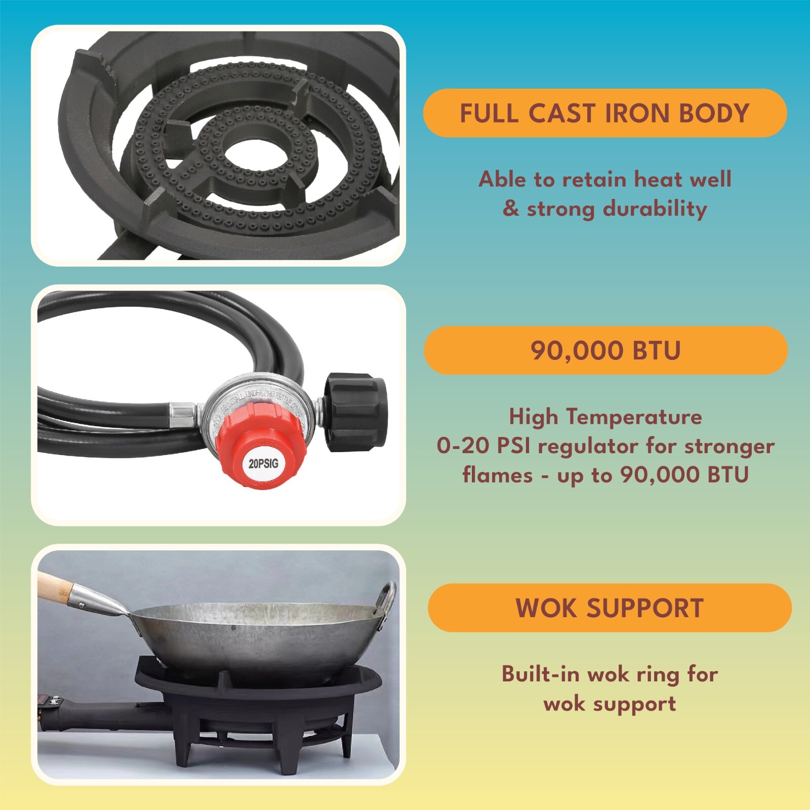 13″ ROADSTER SINGLE PROPANE BURNER. Dual Controlled Burner Rings, 90,000 BTU.