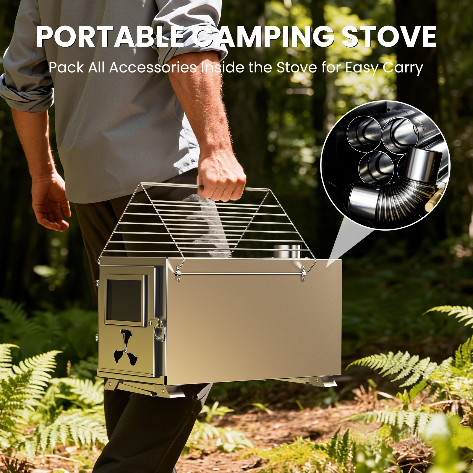 Portable Camping Wood Stove – Stainless Steel Tent Stove with 7 Chimney Pipes