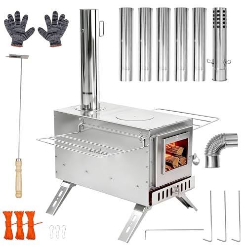 15in Wood Burning Stove with 6 Chimney Pipes – Stainless Hot Tent Stove