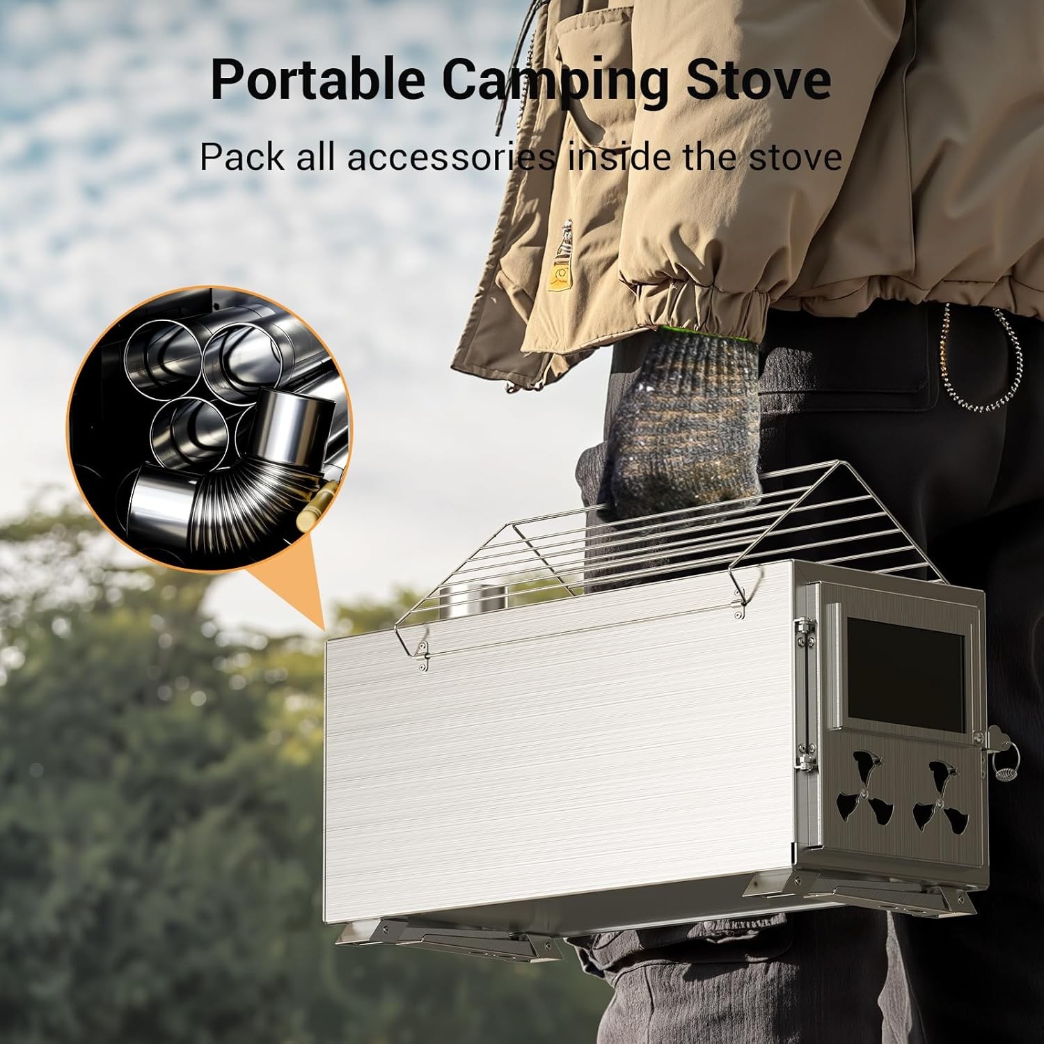 MOPHOTO 2in1 Sauna Hot Tent Stove Burning Stove With Stone Box 8 Chimney Pipes