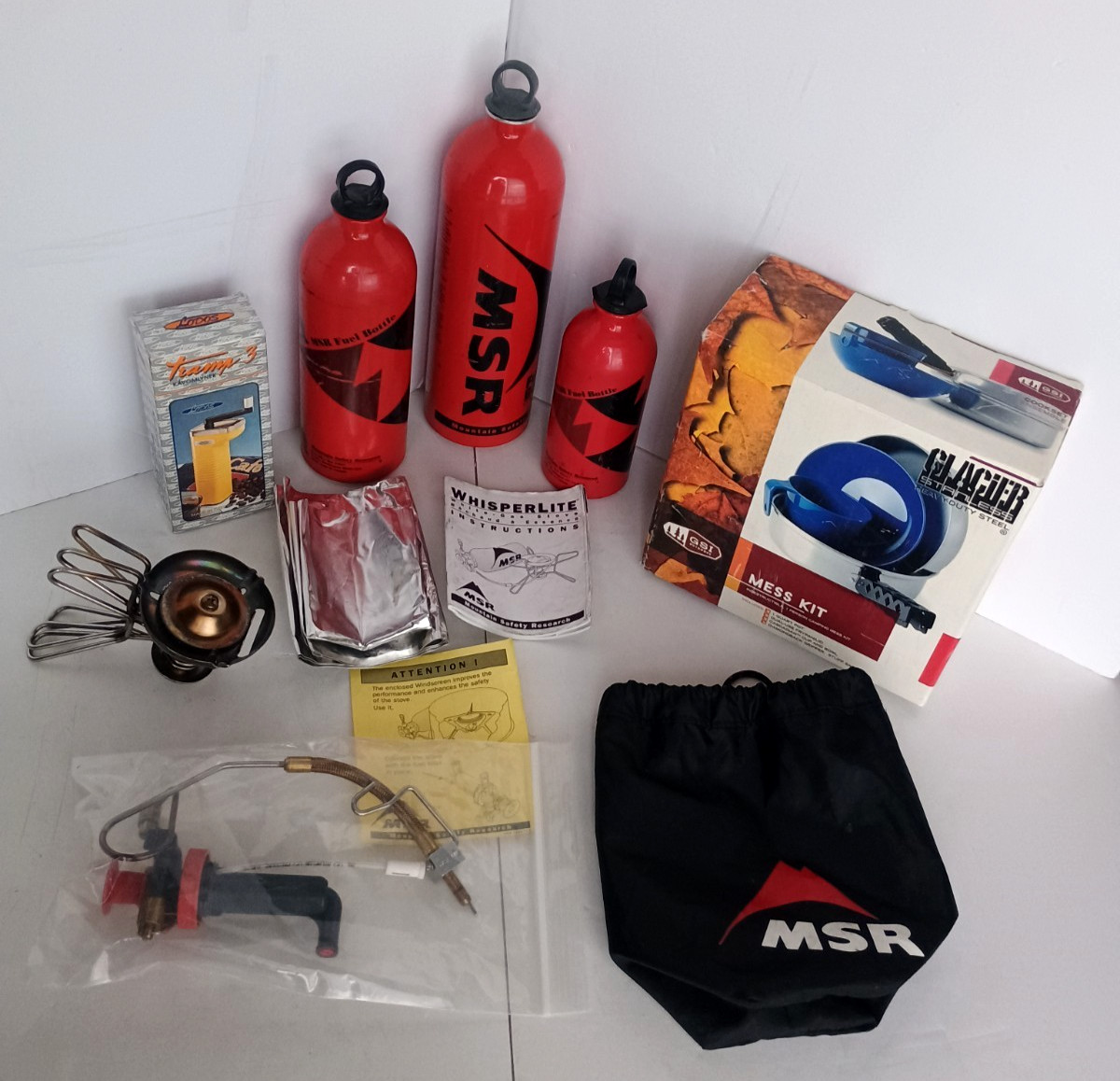 MSR WhisperLite Stove 3 Fuel Bottles Lodos Coffee Grinder Glacier Mess Kit Camp