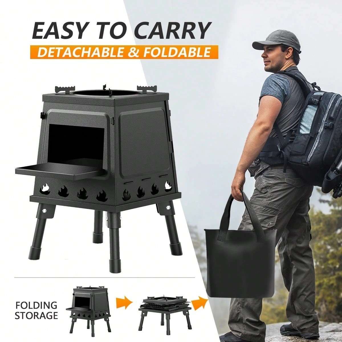 New Portable Wood Burning Camp Stove Folding Outdoor Cooking Stove Black