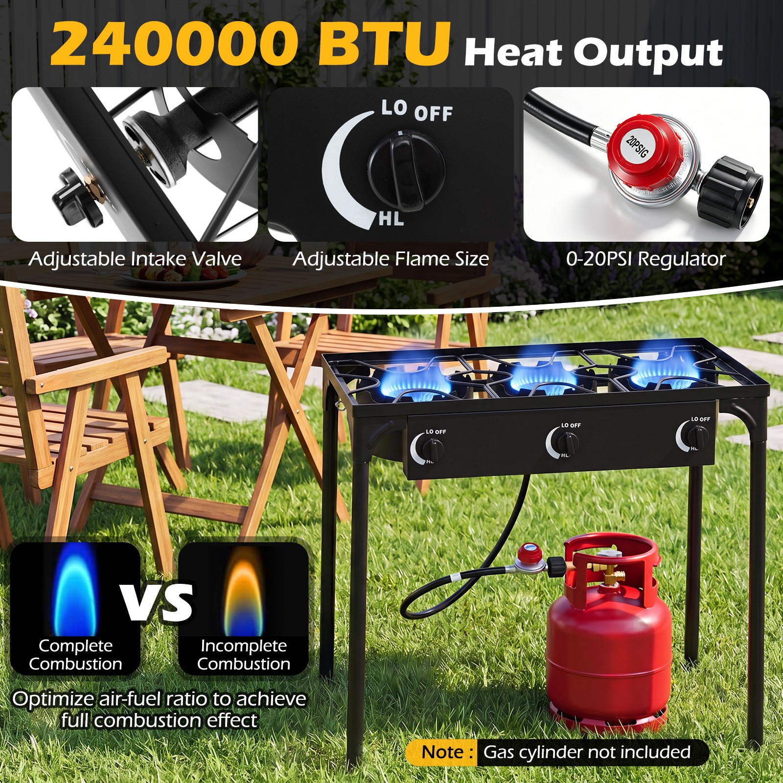 3 Burner Outdoor Propane Gas Stove w/Adjustable Regulator & Hose 240000 BTU