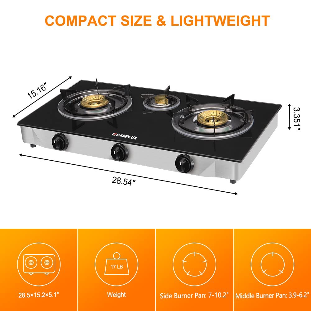 Camplux 3 Burners Propane Gas Stove with Auto Ignition Glass Table Top Outdoor