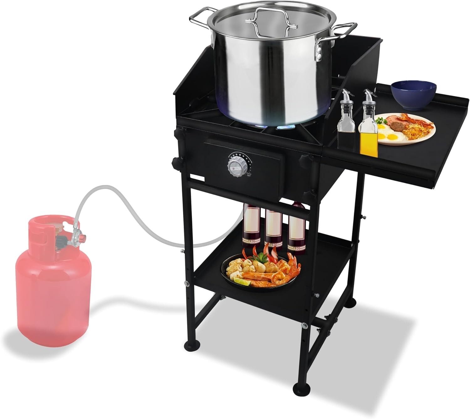 Single Burner Propane Camping Stove – with Side & Bottom Shelf and Wind Panel