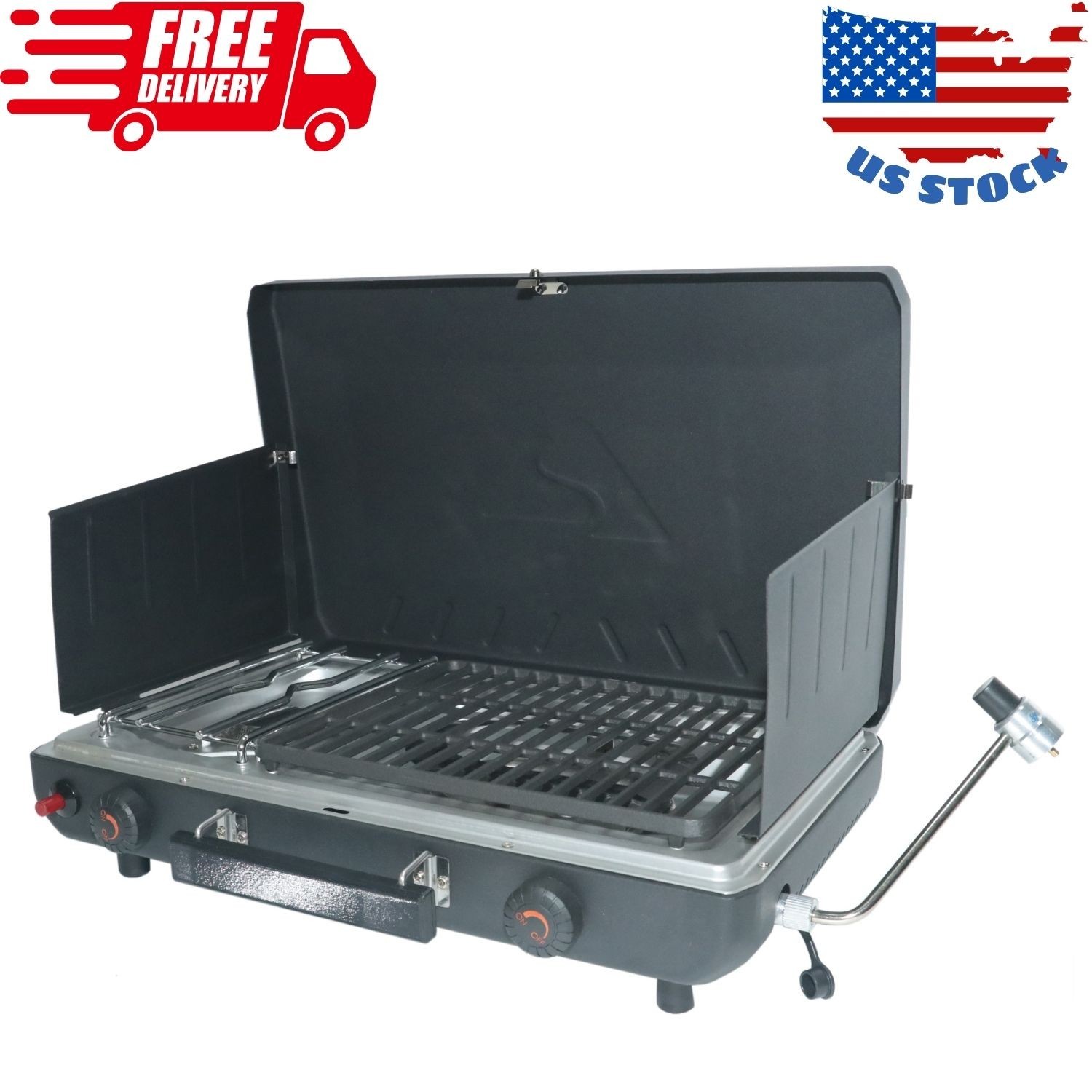 2 Burner Black Propane 2-in-1 Portable Camp Stove and Grill