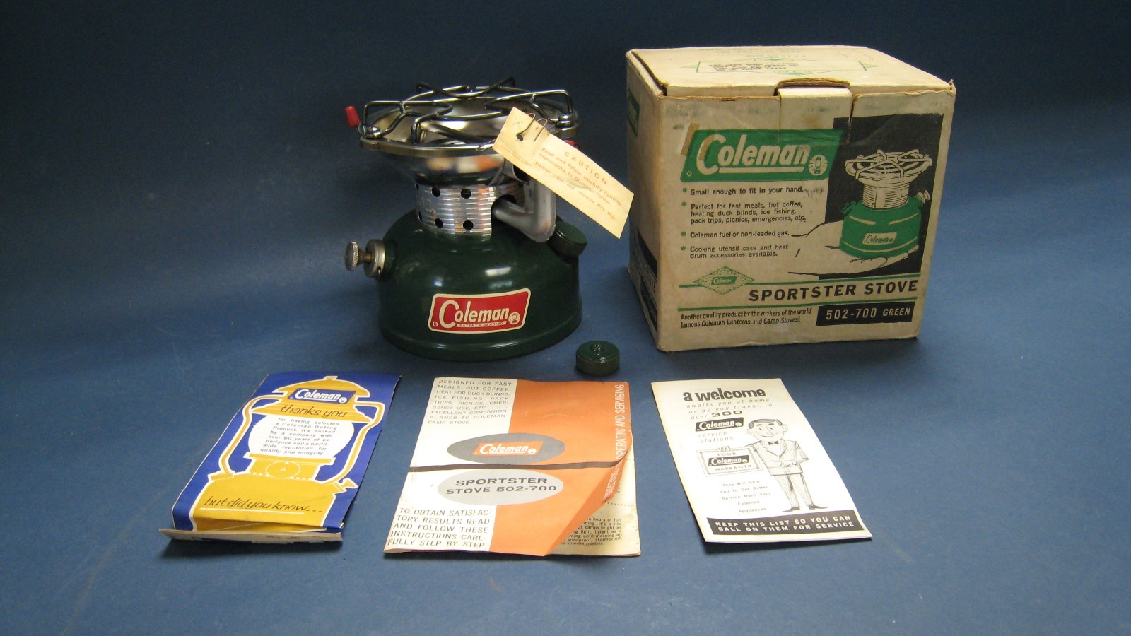 Vintage Coleman Sportster 502 Camp Stove w Box & papers Working & Excellent 1965