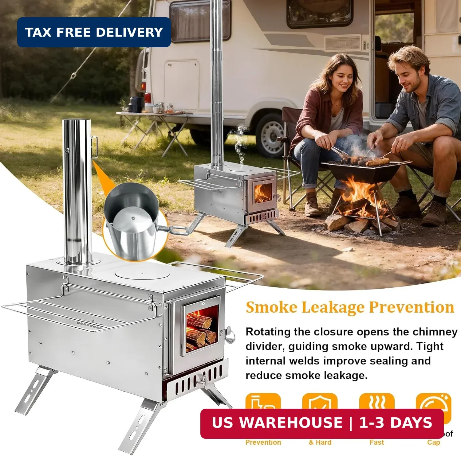 unho Stainless Hot Tent Stove 15in Wood Burning Stove with 6 Chimney Pipes for O