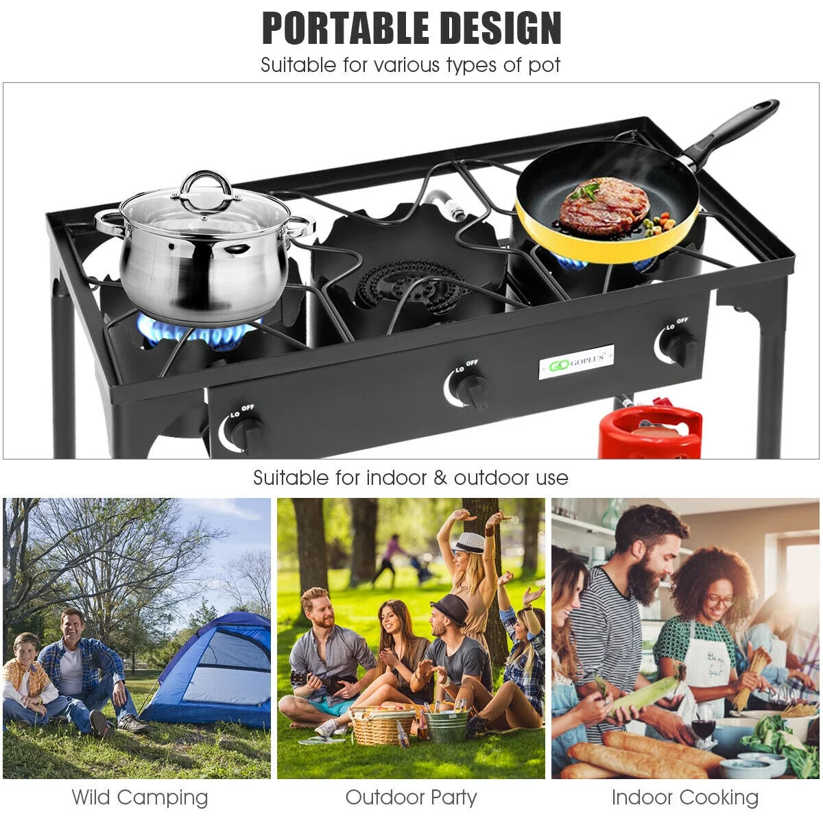 Portable Propane 225,000-BTU 3 Burner Propane Gas Cooker Outdoor Camp Stove BBQ