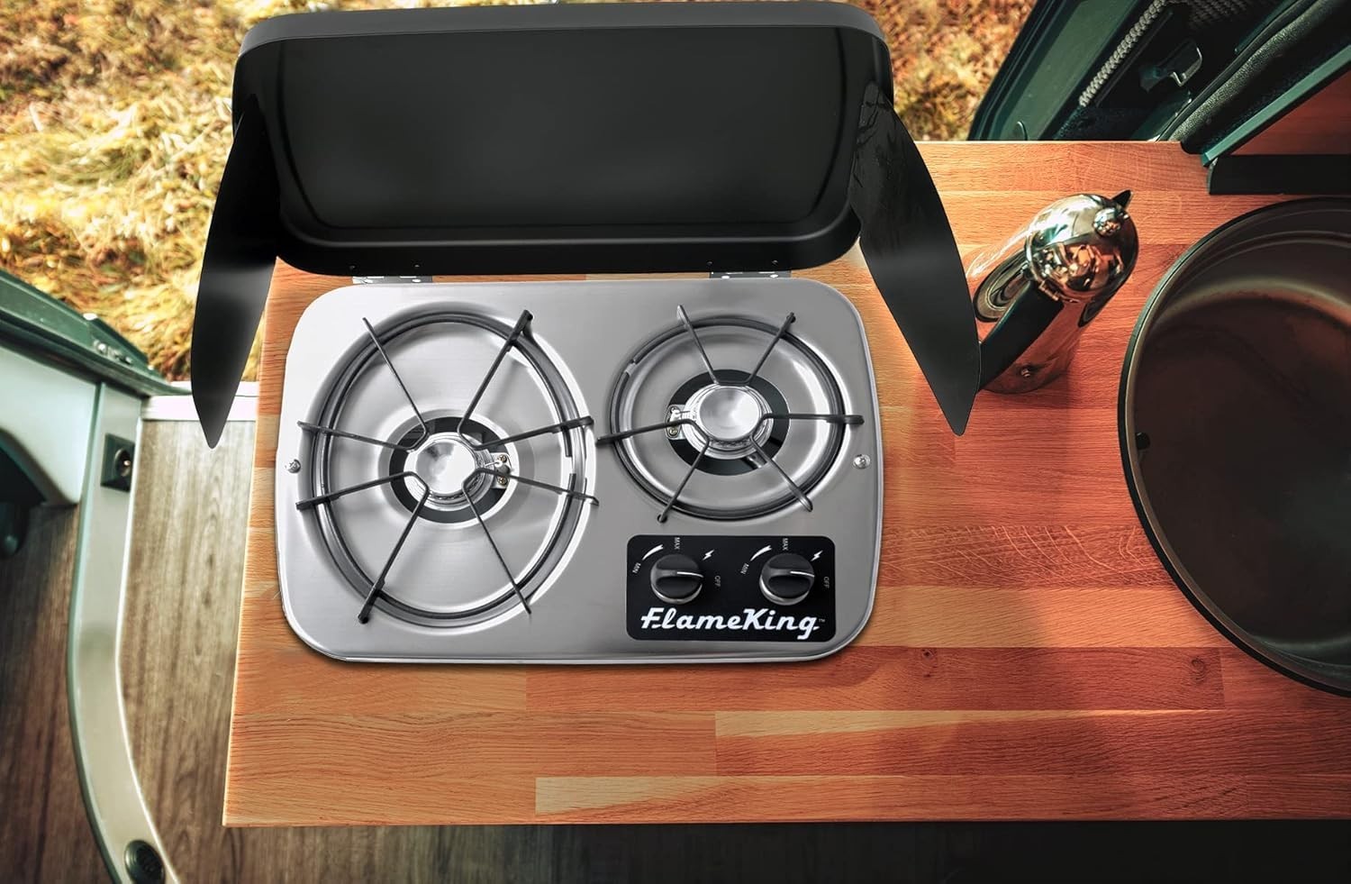 Flame King 2 Burner Drop In Propane Stove & Wind Shield For RV Camping LP Silver