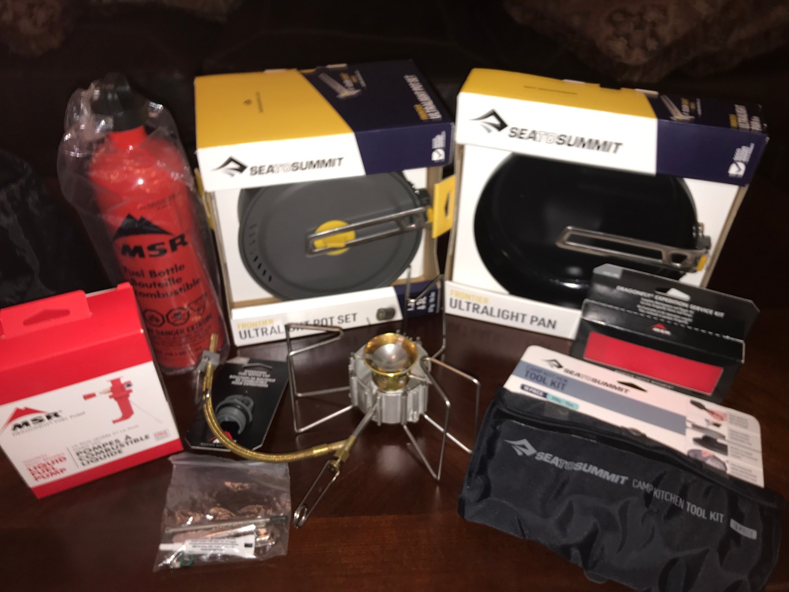 Preowned MSR Dragonfly Stove w/ NEW Fuel Bottle, Sea to Summit Pots, etc