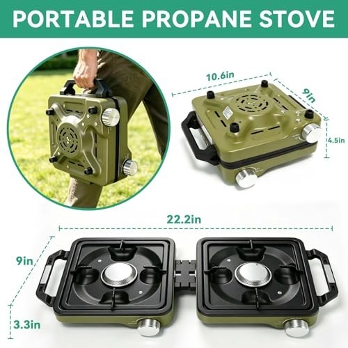 2 Burner Portable Propane Camp Stove with Windshield and Carry Bag