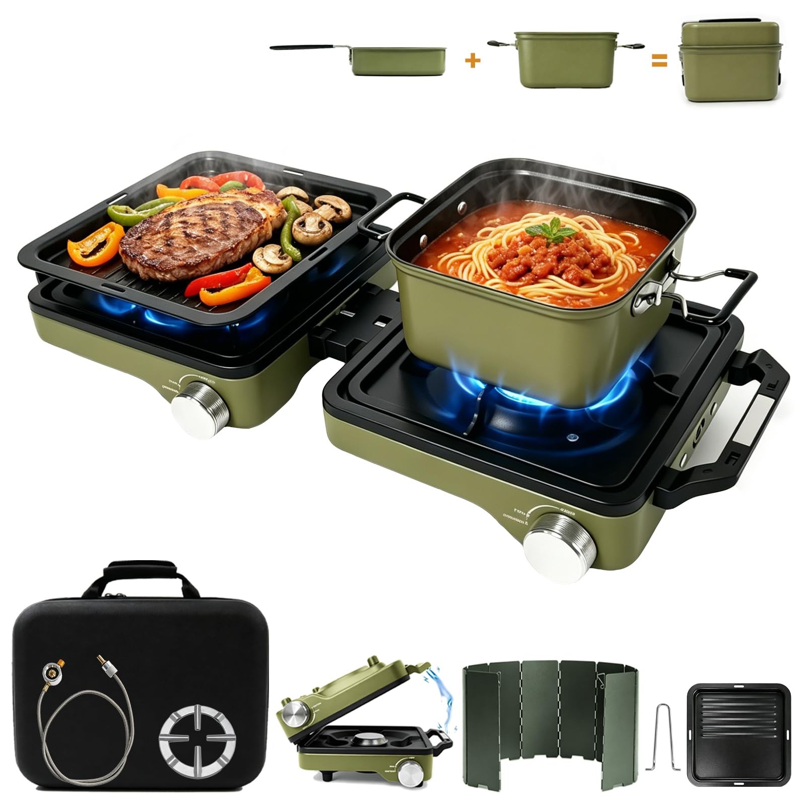 2 Burner Camping Stove with 2-In-1 Cookware Set, 24000 BTU Propane Gas Stove,…
