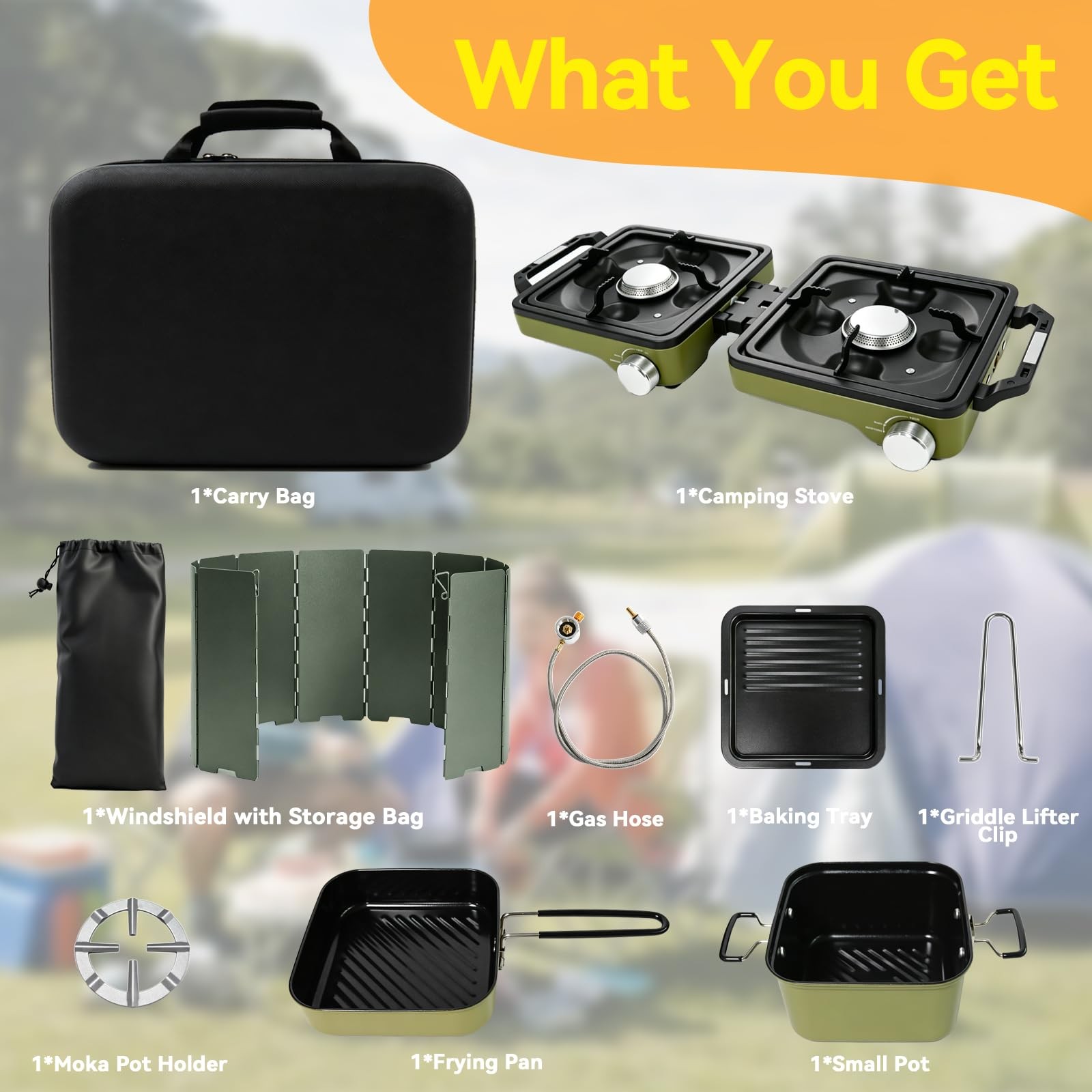 2 Burner Camping Stove with 2-In-1 Cookware Set, 24000 BTU Propane Gas Stove,…