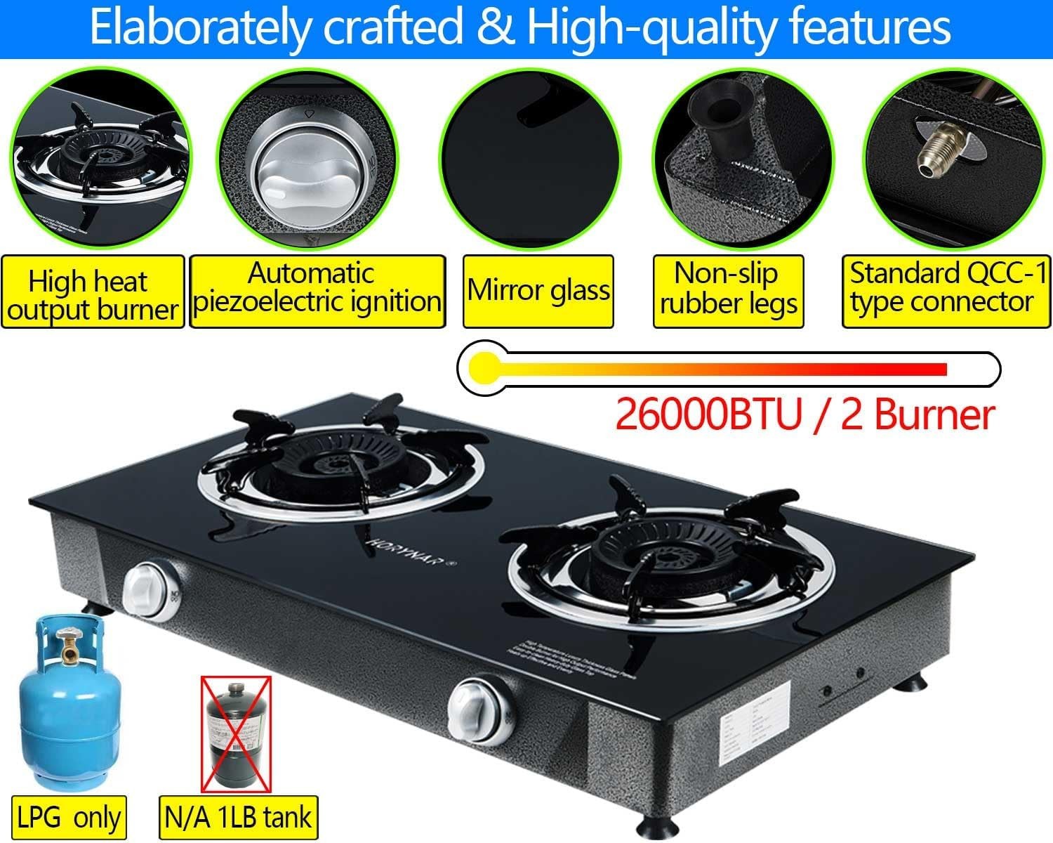 Propane Stove 2 Burner Gas Stove Auto Ignition 26000 BTU Tempered Glass Propane