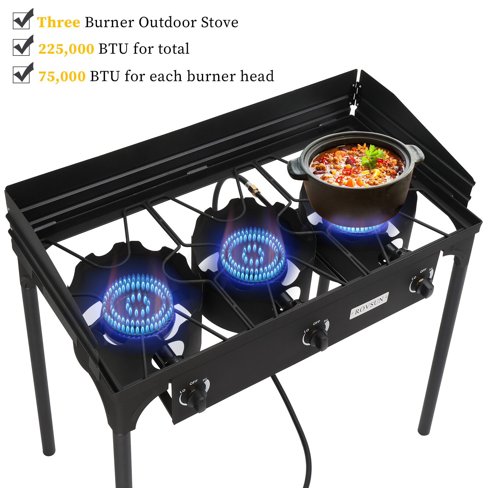 3 Burner Outdoor Camping Stove with Windscreen, 225,000 BTU Propane Gas Cooker