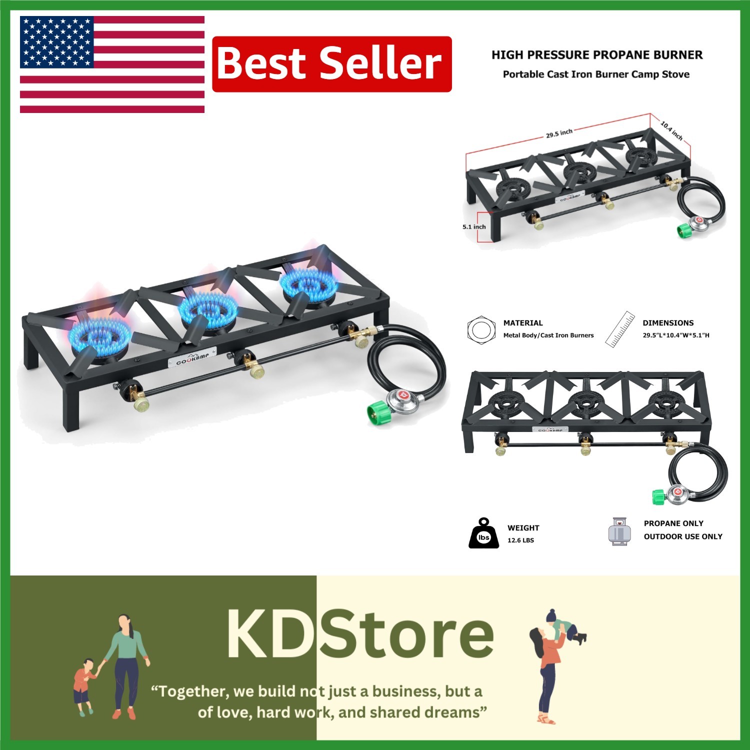 Portable Triple Burner Propane Camp Stove with Regulator & 4ft Hose, 10,000 BTU