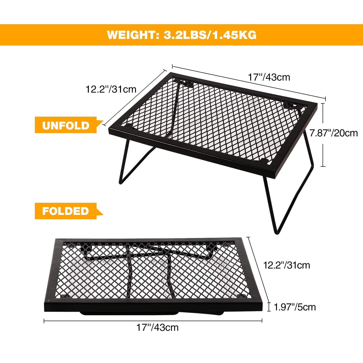 17″ Folding Campfire Grill Grate, Portable Heavy Duty Steel Over Fire Camp Gr…