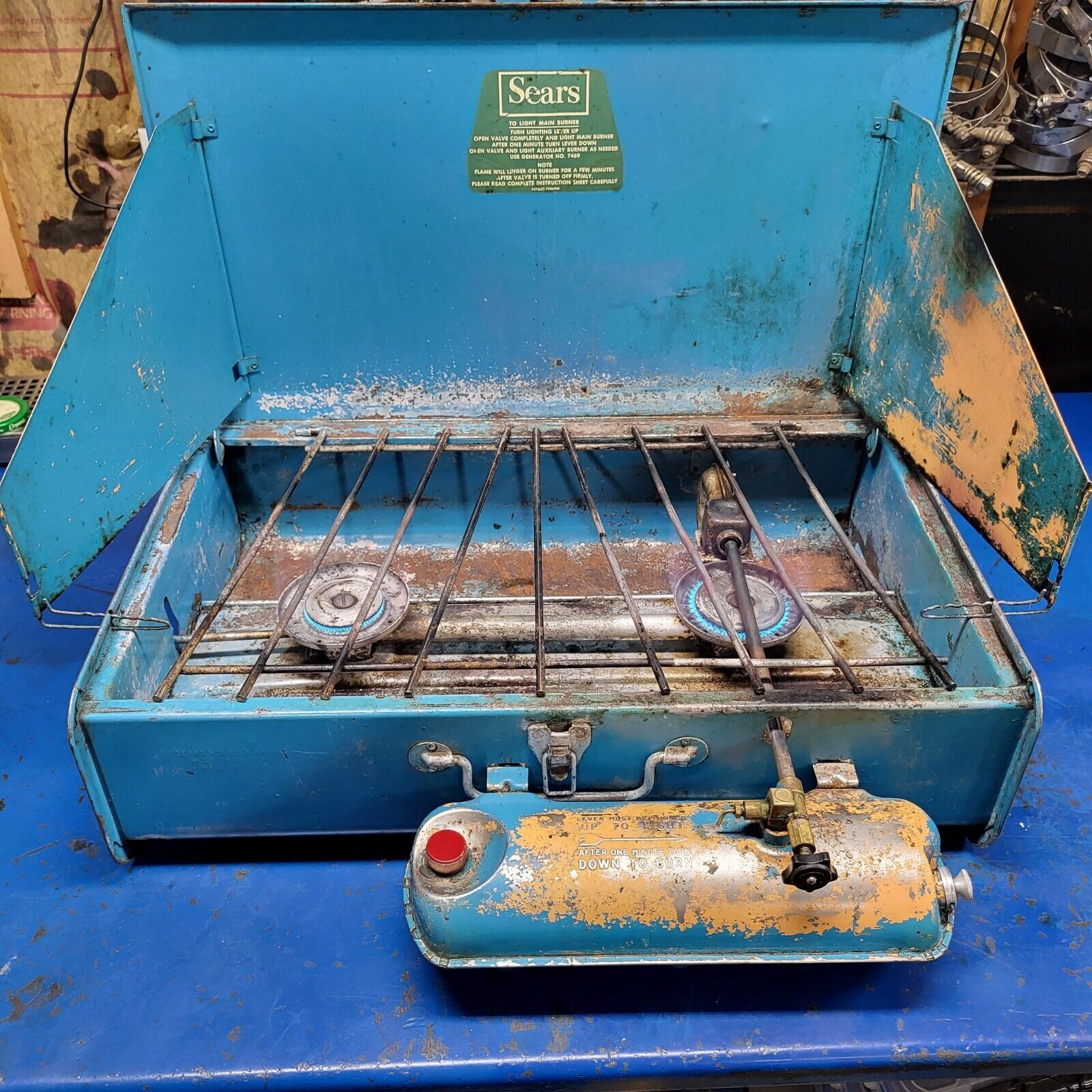 Vintage Sears 476.74970 Two Burner Camp Stove with Tank Blue Yellow Dated 1/66