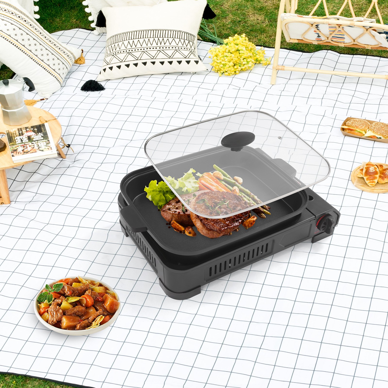 Portable Butane Stove with Grill Pan Camping Gas Stove Gas Grill Stove