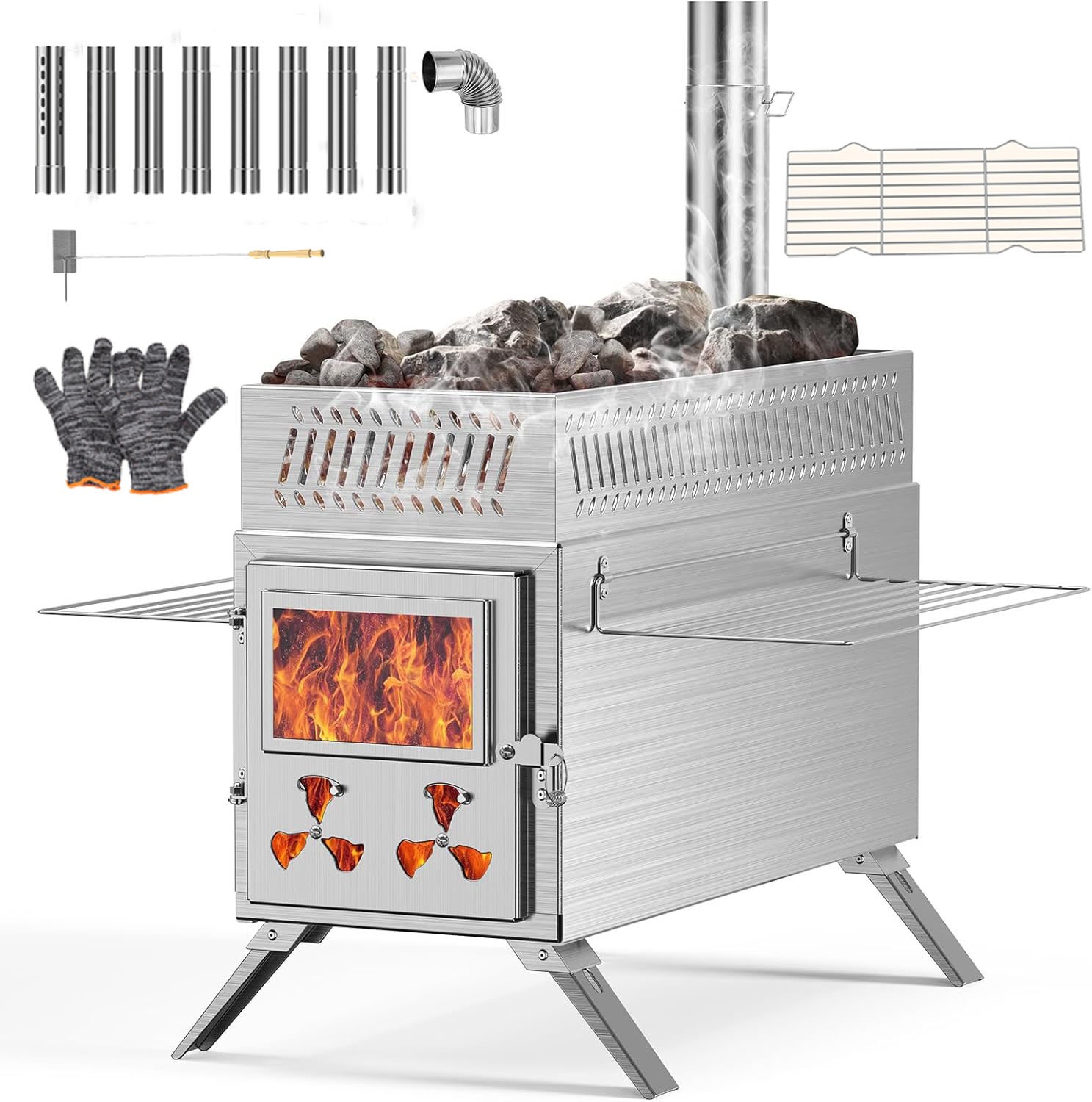 MOPHOTO 2in1 Sauna Hot Tent Stove Burning Stove With Stone Box 8 Chimney Pipes