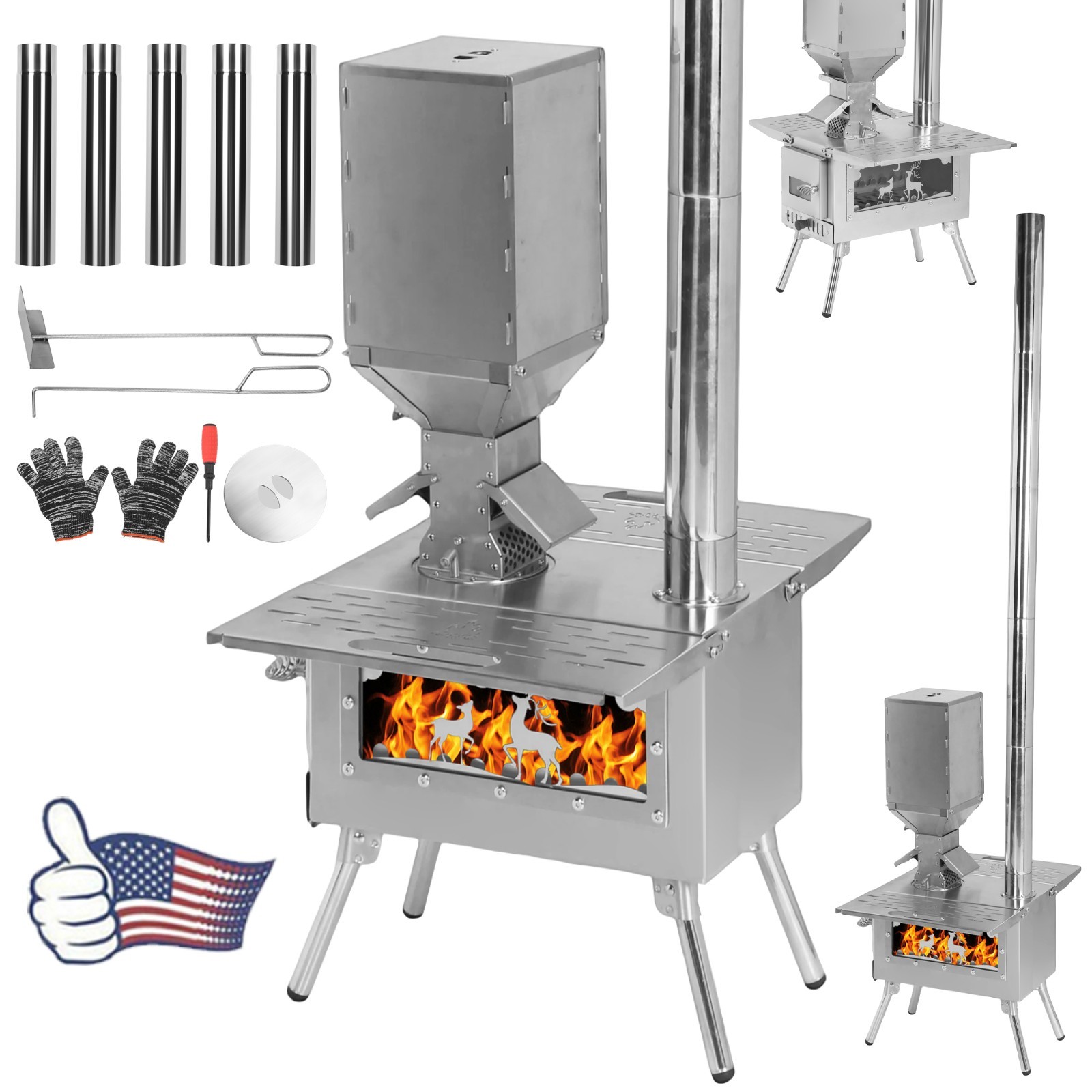 Portable Wood Burning Stove w Pipes Hot Tent Stove for Outdoor Camping & Heating
