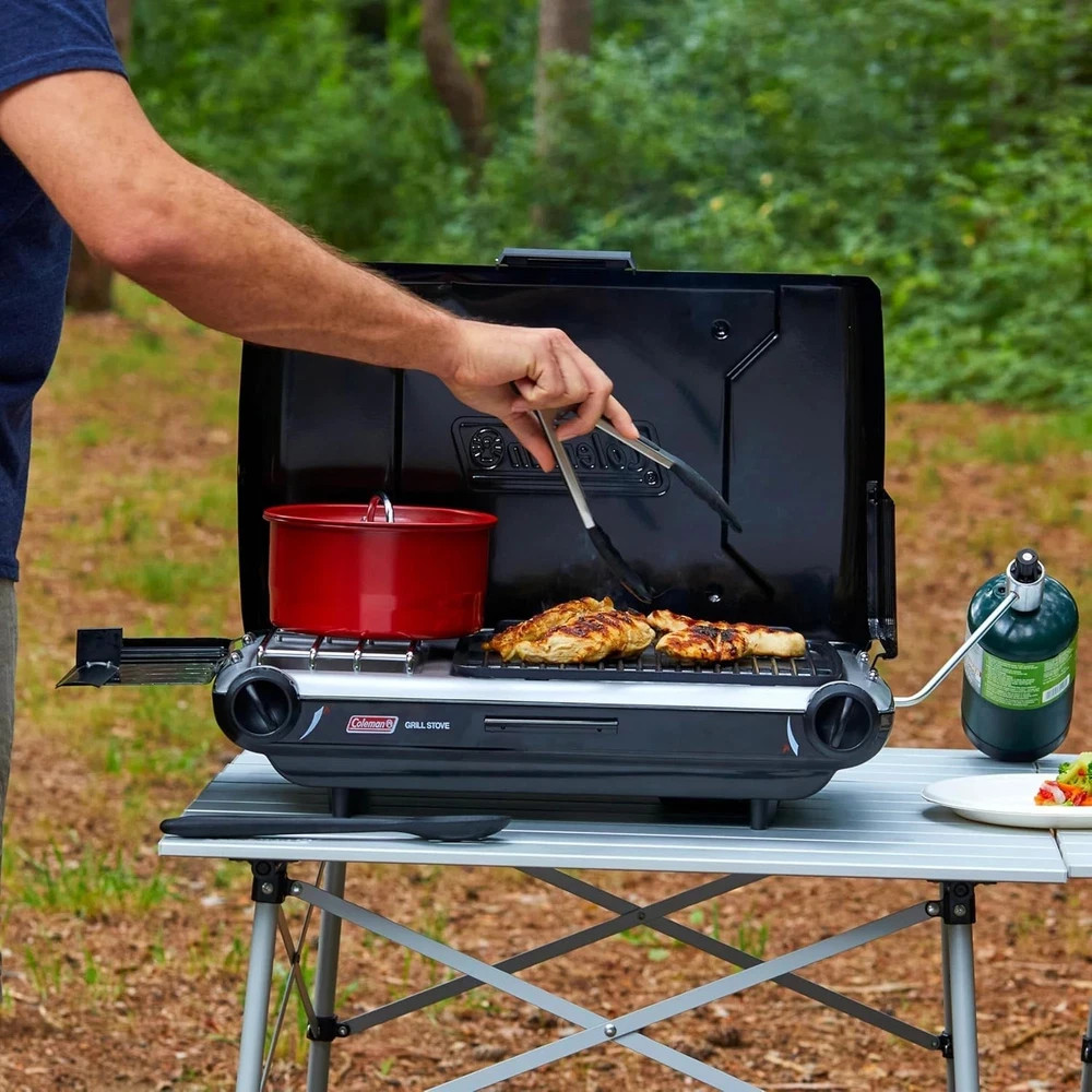 Tabletop 2-In-1 Camping Grill/Stove, 2-Burner Propane Grill & Stove with Adjusta