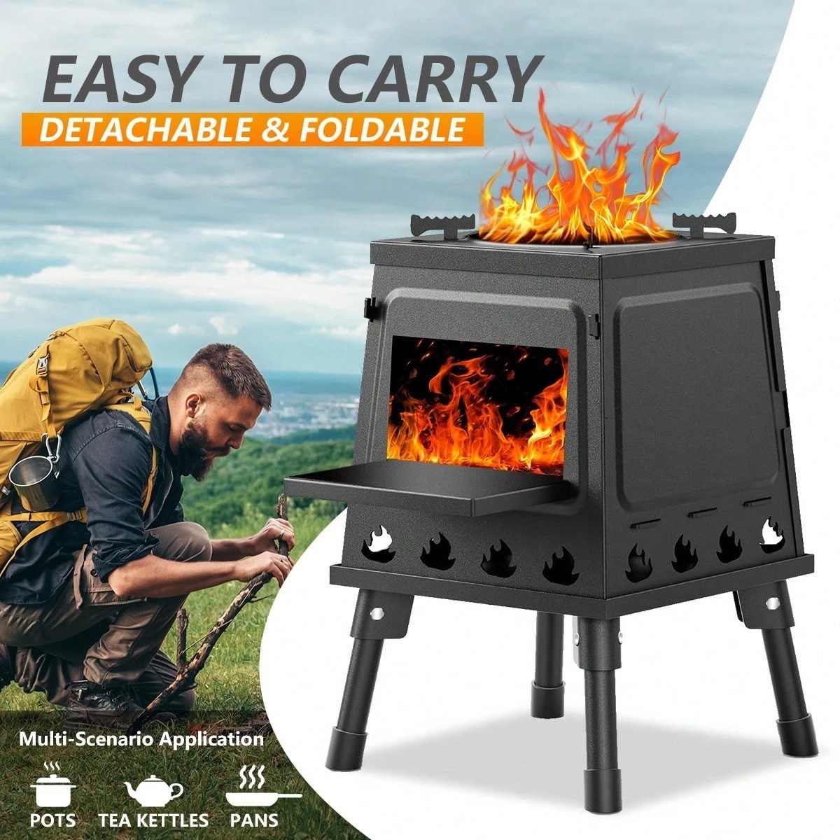 New Portable Wood Burning Camp Stove Folding Outdoor Cooking Stove Black