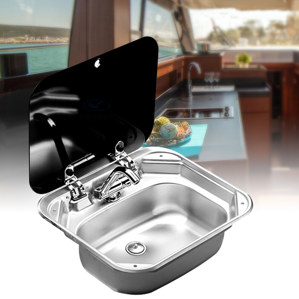 Stainless Steel RV Camper Caravan Trailer Sink Hand Wash Basin W/ Lid & Faucet