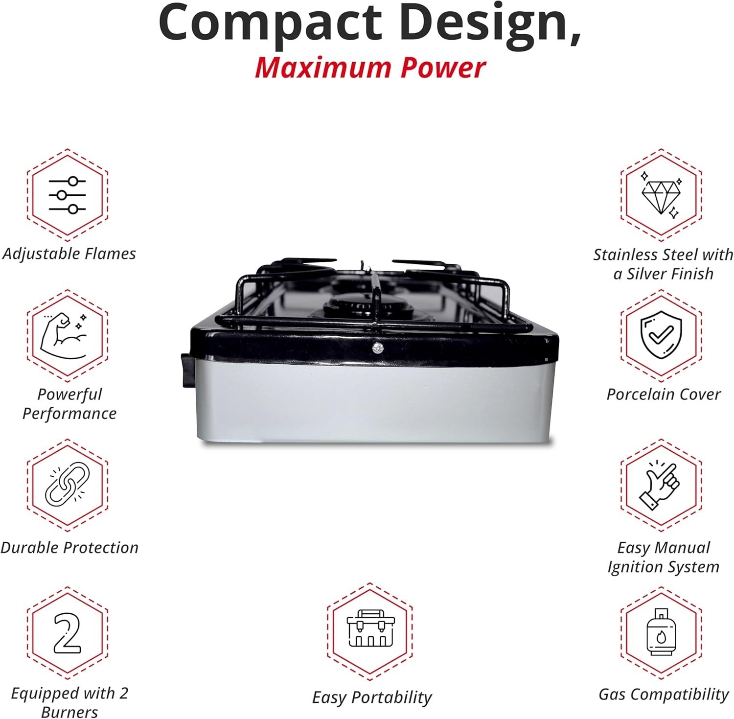 Silver 2-Burner Gas Cooking Stove with Adjustable Flame and Lightweight Design