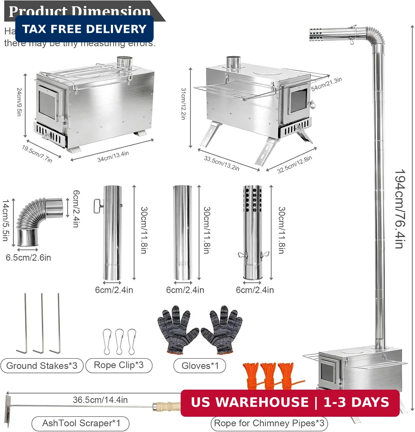 unho Stainless Hot Tent Stove 15in Wood Burning Stove with 6 Chimney Pipes for O