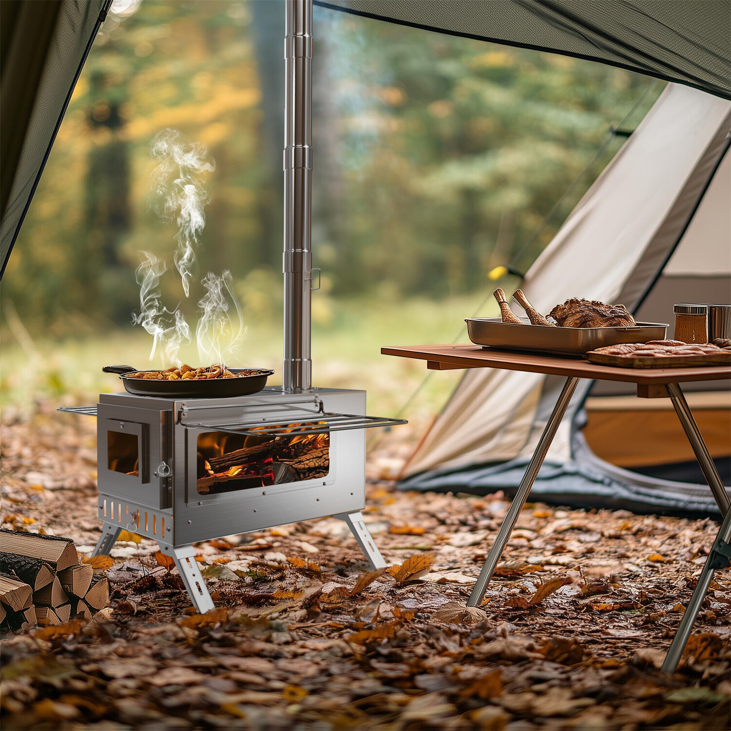 Fire Resistant Hot Tent Stove w/ 7 Chimney Pipe, Stakes and Carry Bag Wood Stove