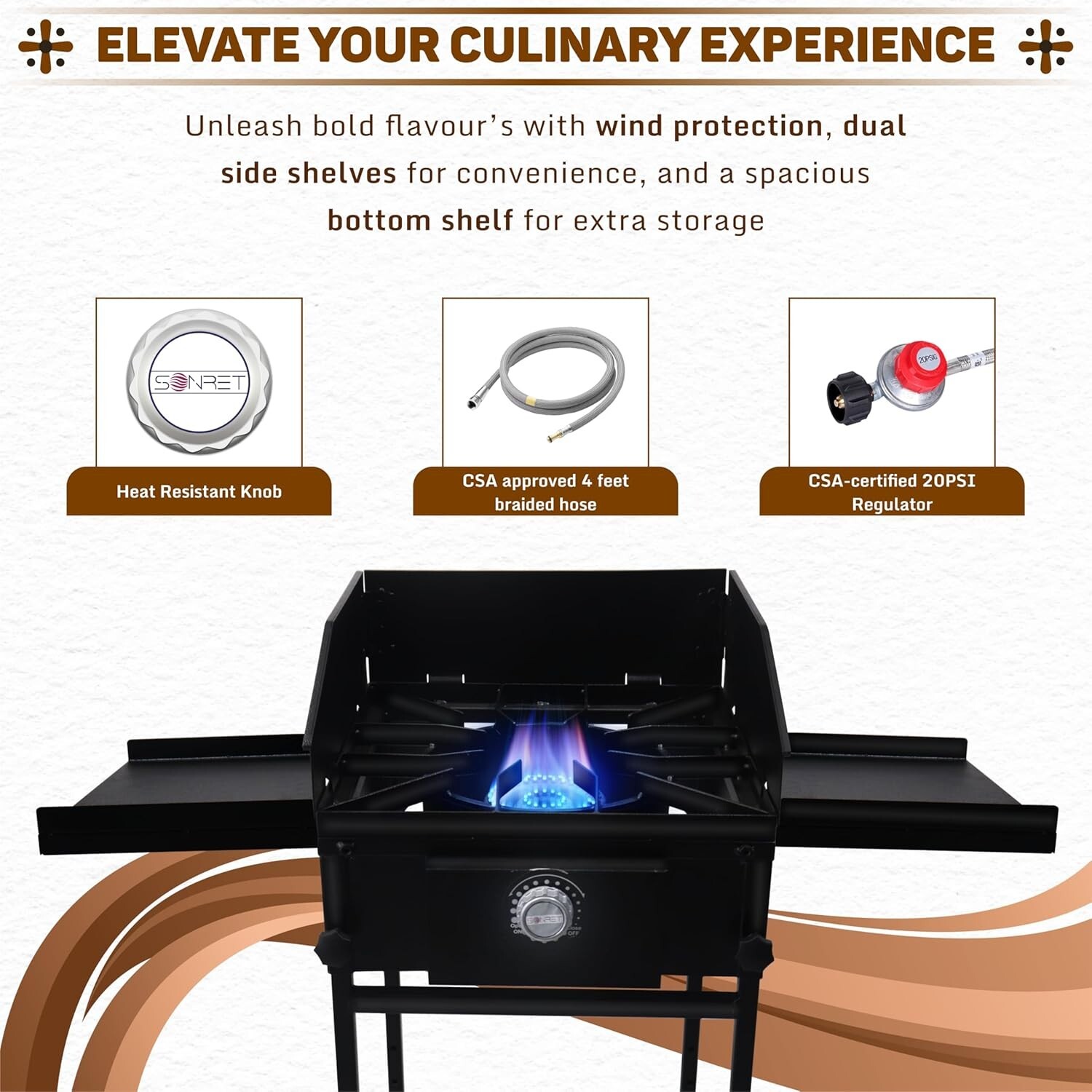 Single Burner Propane Stove – with Dual Side & Bottom Shelf and Wind Panel